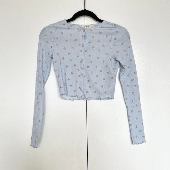 Pastel baby blue floral cropped ribbed lace trim cami and cardigan set | Size S - Picture 7 of 8